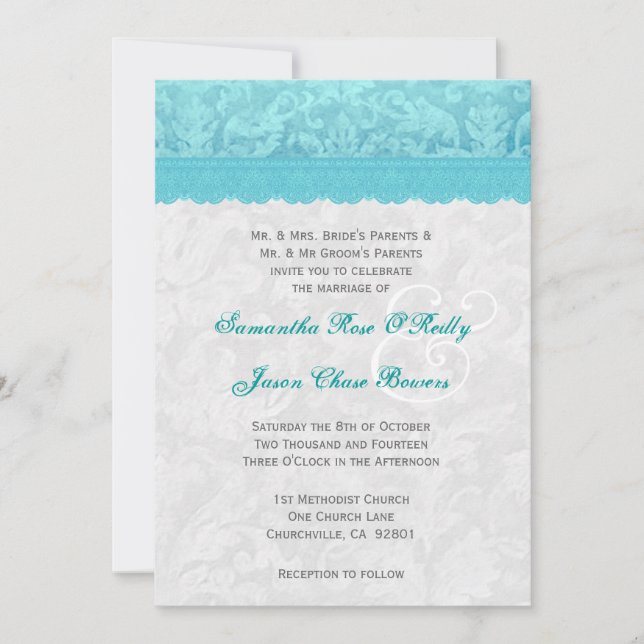 Invitación Aqua Blue and Silver Boda Lace V200 (Anverso)