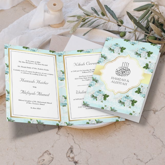 Invitación Aqua Blue and White Roses Boda musulmana floral (Subido por el creador)