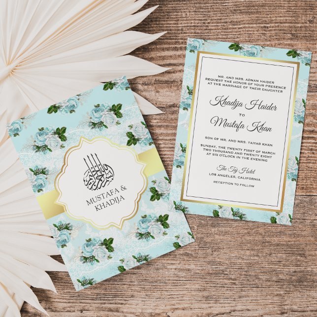 Invitación Aqua Blue and White Roses Boda musulmana floral (Subido por el creador)