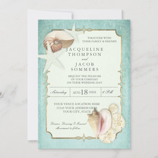 Invitación Aqua Blue Beach Ocean Shell Sand Faux Gold Boda (Anverso)