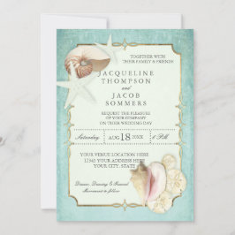 Invitación Aqua Blue Beach Ocean Shell Sand Faux Gold Boda