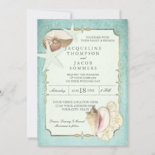 Invitación Aqua Blue Beach Ocean Shell Sand Faux Gold Boda