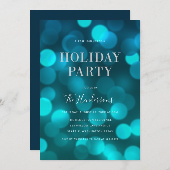 Invitación Aqua Blue Bokeh ilumina Faux SIlver Holiday Party (Anverso / Reverso)