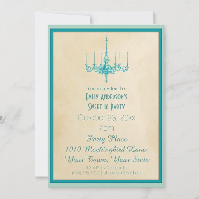 Invitación Aqua Blue Chandelier Sweet 16 (Anverso)