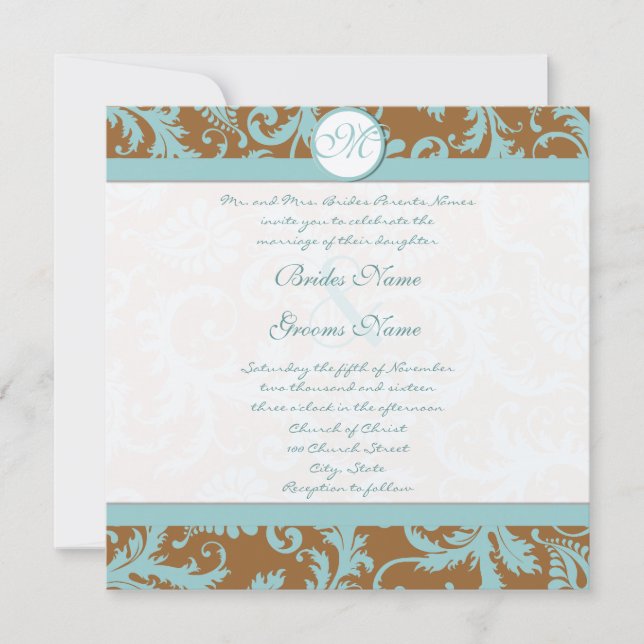Invitación Aqua Blue Damask on Brown Wedding Invitation (Anverso)