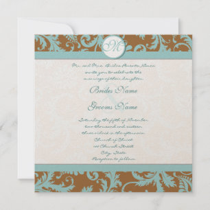 Invitación Aqua Blue Damask on Brown Wedding Invitation