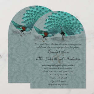 Invitación Aqua Blue Damask Peacock Elegancia Metálica