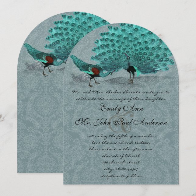 Invitación Aqua Blue Damask Peacock Elegancia Metálica (Anverso / Reverso)