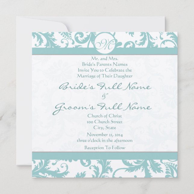 Invitación Aqua Blue Damask Swirls Wedding Invitation (Anverso)