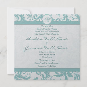 Invitación Aqua Blue Damask Swirls Wedding Invitation