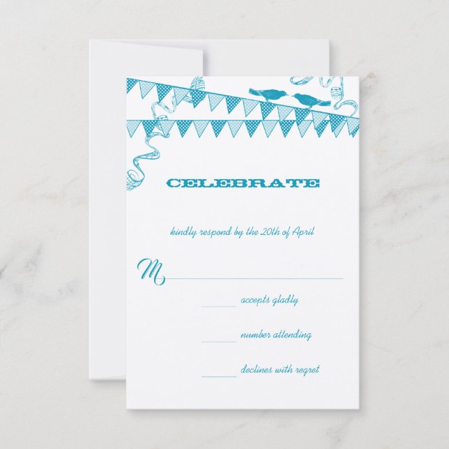 Invitación Aqua Blue Dots Love Bird Bunting Wedting RSVP (Anverso)