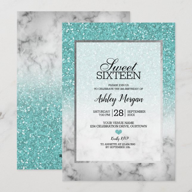 Invitación Aqua Blue Faux Purpurina y Marble Sweet 16 Fiesta (Anverso / Reverso)