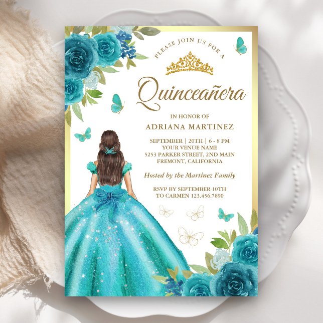 Invitación Aqua Blue Floral Vestido Mariposa Oro Quinceanera (Subido por el creador)