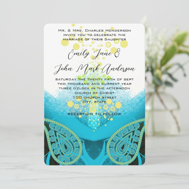 Invitación Aqua Blue Fuchsia, Lime Paisley Calla Lily (Anverso de pie)