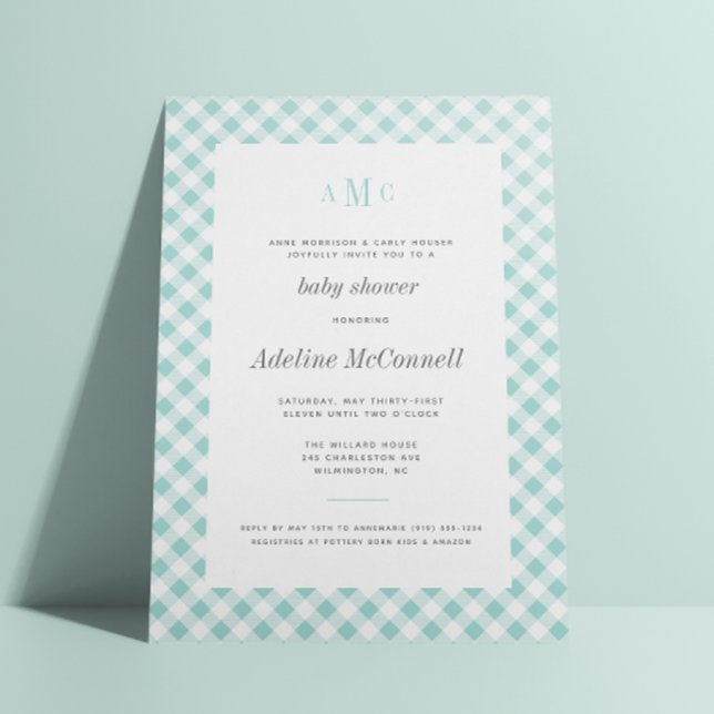 Invitación Aqua Blue Gingham tradicional Baby Shower (Subido por el creador)