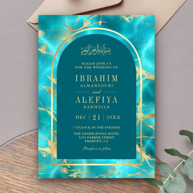 Invitación Aqua Blue Gold Arch Boda Musulmana (Subido por el creador)