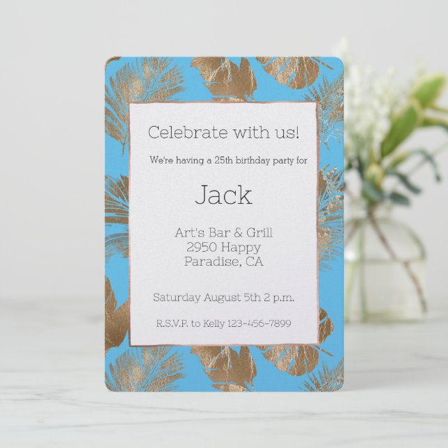 Invitación Aqua Blue Gold hojas tropicales Cumpleaños (Anverso de pie)