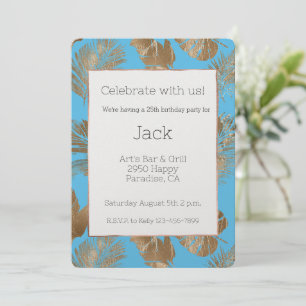 Invitación Aqua Blue Gold hojas tropicales Cumpleaños