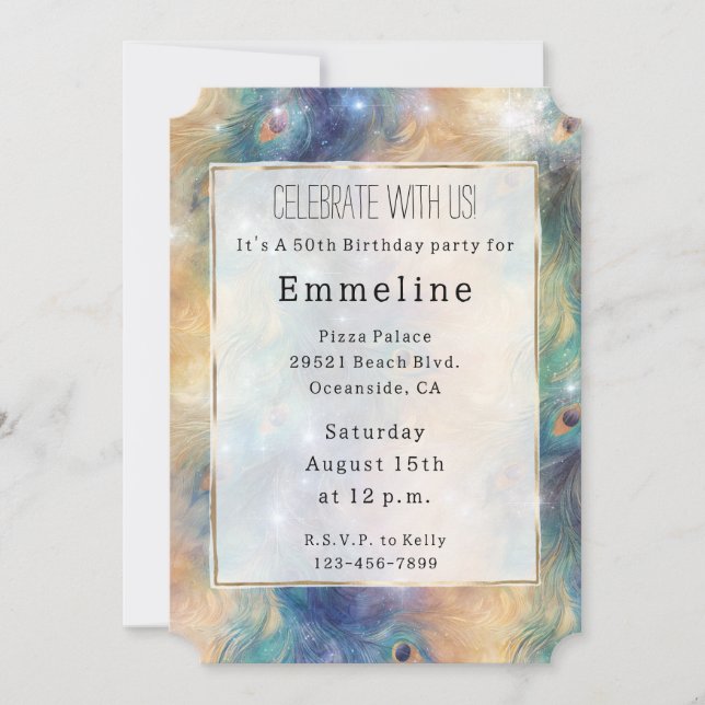 Invitación Aqua Blue Gold Peacock Feathers 50 cumpleaños (Anverso)