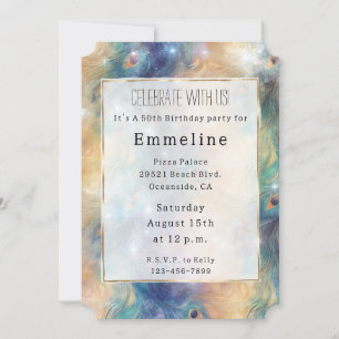 Invitación Aqua Blue Gold Peacock Feathers 50 cumpleaños