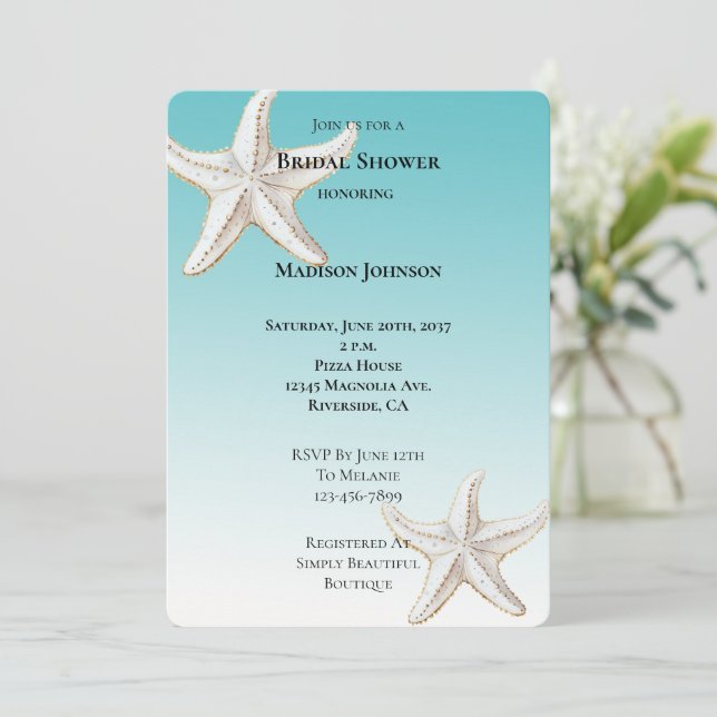 Invitación Aqua Blue Gold White Starfish Beach Bridal Shower (Anverso de pie)