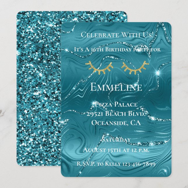 Invitación Aqua Blue Marble Glitzy Gold Purpurina Eyelashes (Anverso / Reverso)