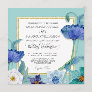 Invitación Aqua Blue n White acuarela Adormidera Art Deco Flo