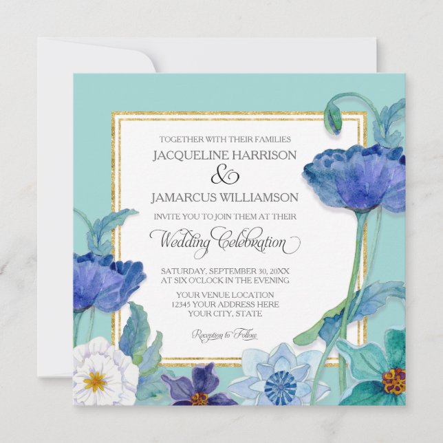 Invitación Aqua Blue n White acuarela Poppy Art Deco Floral (Anverso)