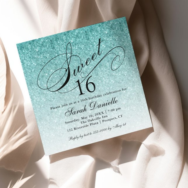 Invitación Aqua Blue Ombre Glam Purpurina Sweet 16 Square (Subido por el creador)