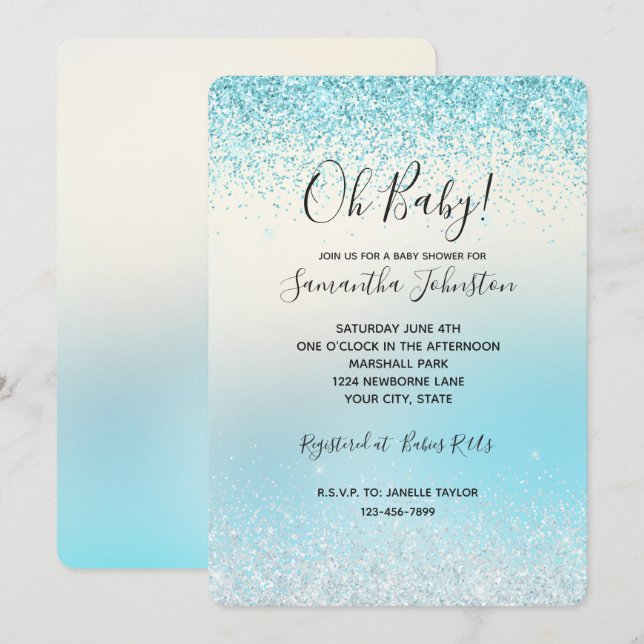 Invitación Aqua Blue Ombre Tie dye Glitzy Sparkle Purpurina (Anverso / Reverso)