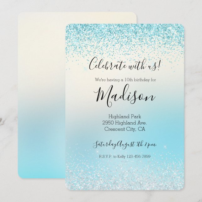 Invitación Aqua Blue Ombre Tie dye Glitzy Sparkle Purpurina (Anverso / Reverso)