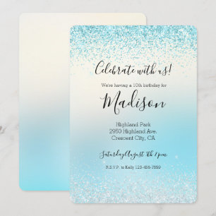 Invitación Aqua Blue Ombre Tie dye Glitzy Sparkle Purpurina