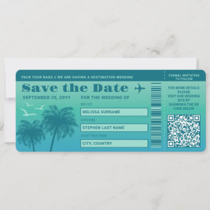 Invitación Aqua Blue Palms Falso pase de abordar Save The Dat