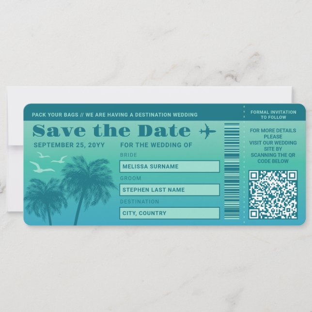 Invitación Aqua Blue Palms Falso pase de abordar Save The Dat (Anverso)
