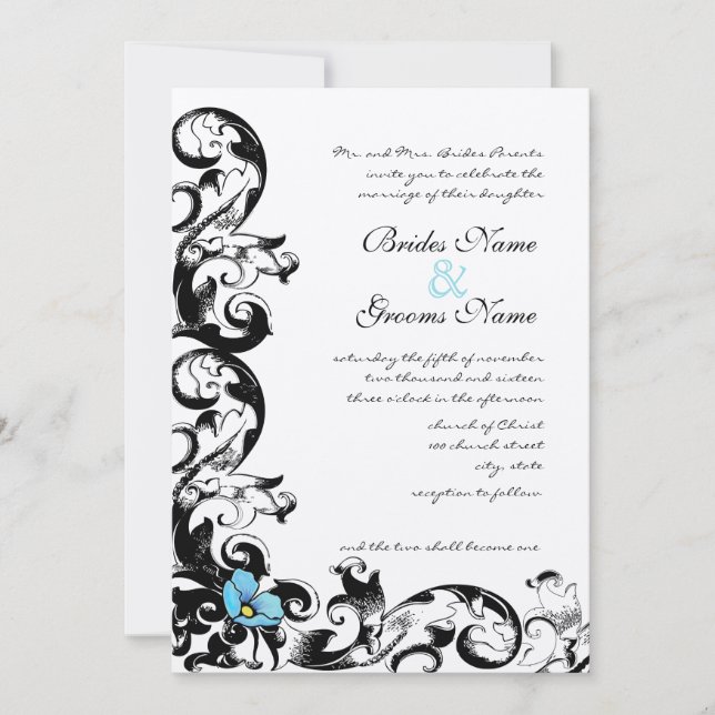 Invitación Aqua Blue Poppy Floral Swirl Boda (Anverso)