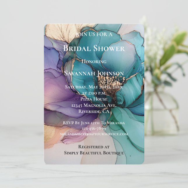 Invitación Aqua Blue Purple Gold Floral Bridal Shower (Anverso de pie)