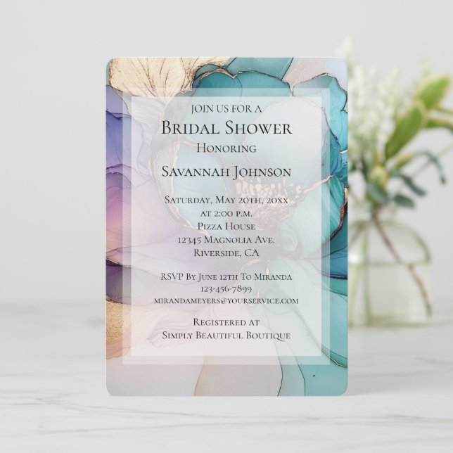 Invitación Aqua Blue Purple Gold Floral Bridal Shower II (Anverso de pie)