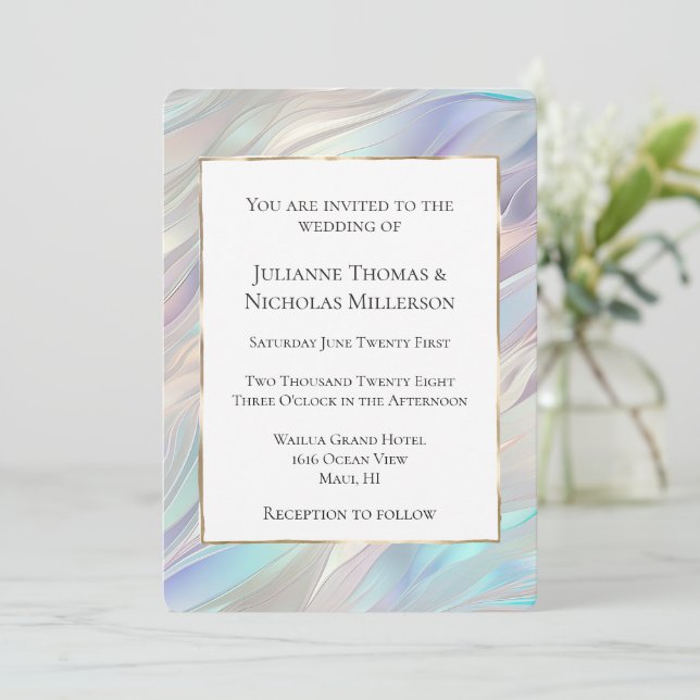 Invitación Aqua Blue Purple Pearl White Boda (Anverso de pie)