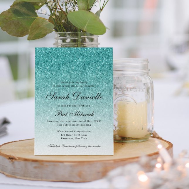 Invitación Aqua Blue Purpurina Glam Bat Mitzvah (Subido por el creador)