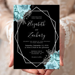Invitación Aqua Blue Silver Floral Black Wedding