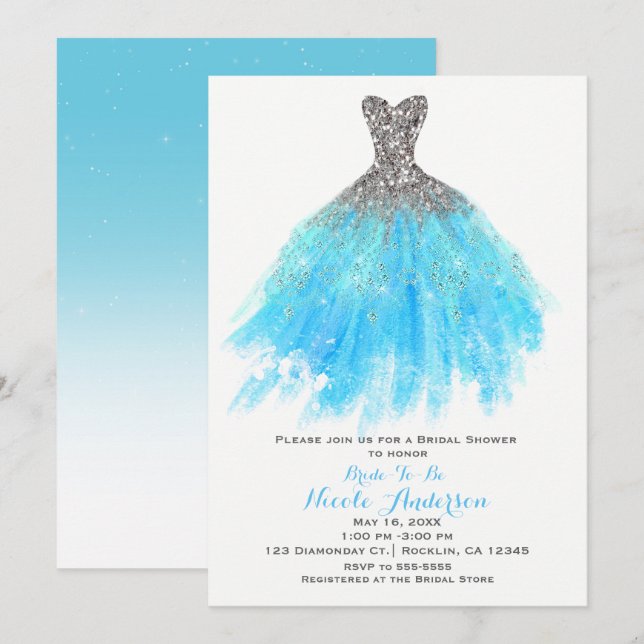 Invitación Aqua Blue Silver Purpurina Vestido Glam Ducha de n (Anverso / Reverso)