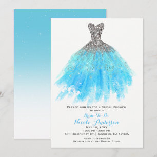 Invitación Aqua Blue Silver Purpurina Vestido Glam Ducha de n
