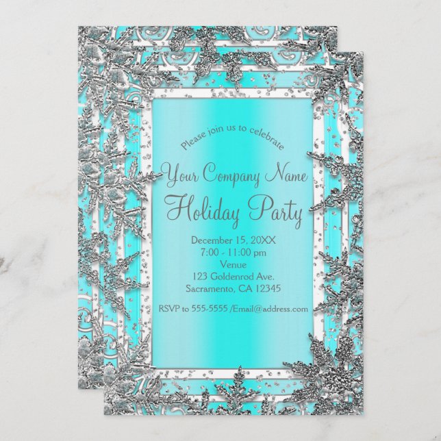 Invitación Aqua Blue & Silver Winter Snowflakes Elegante Fies (Anverso / Reverso)