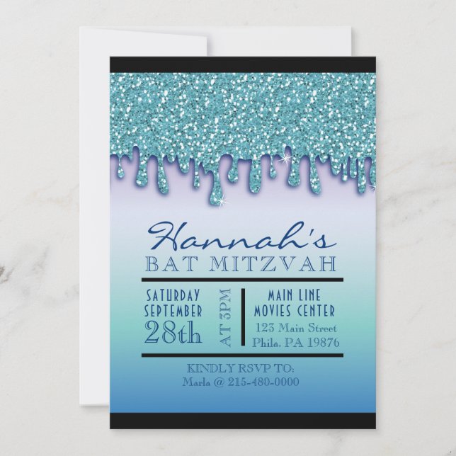 Invitación Aqua Blue Sparkle Drippy Bat Mitzvah Invite (Anverso)