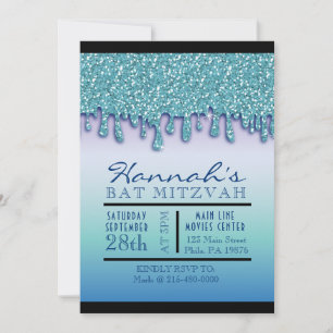 Invitación Aqua Blue Sparkle Drippy Bat Mitzvah Invite