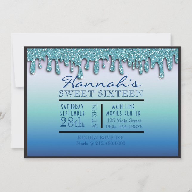 Invitación Aqua Blue Sparkle Drippy Drippy Dulce Dieciséis Fi (Anverso)