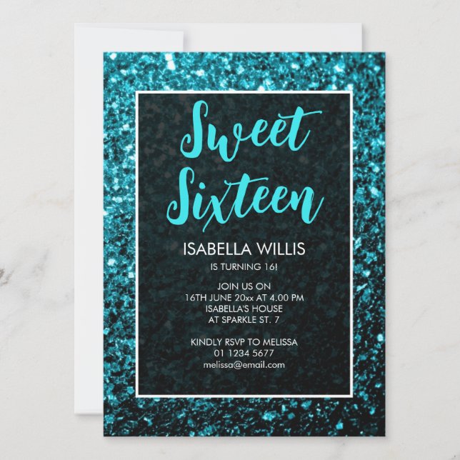 Invitación Aqua blue sparkles Sweet 16 script elegante (Anverso)