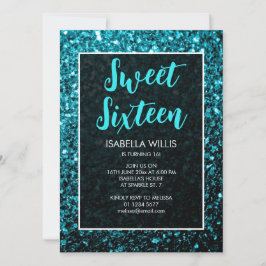 Invitación Aqua blue sparkles Sweet 16 script elegante