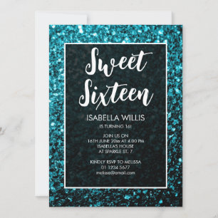 Invitación Aqua blue sparkles Sweet 16 script elegante