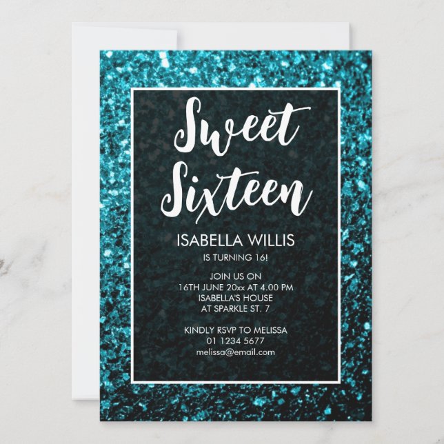 Invitación Aqua blue sparkles Sweet 16 script elegante (Anverso)